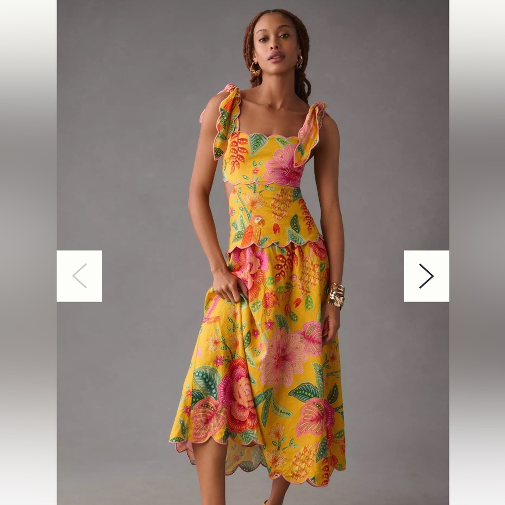 FARM RIO PRINTED SCALLOPED CUTOUT DRESS- Yellow- Size XS